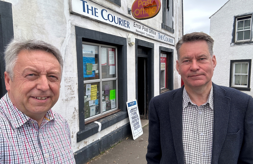 Councillor Angus Forbes and Murdo outside Errol post office